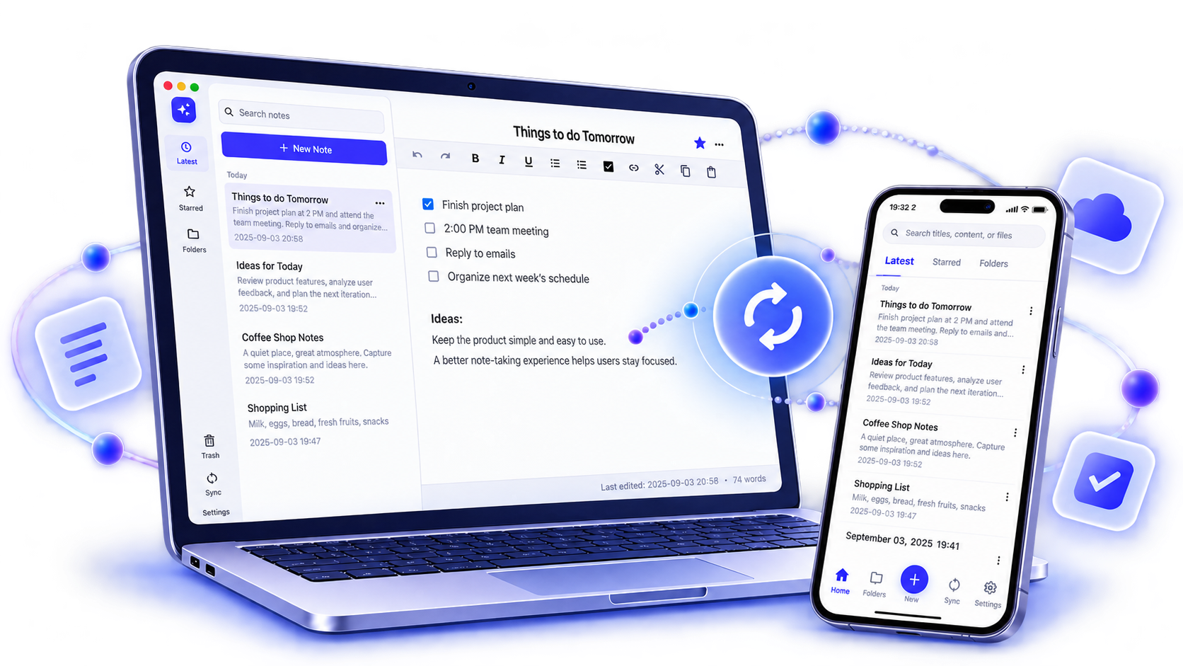 MovoNote product interface on laptop and phone